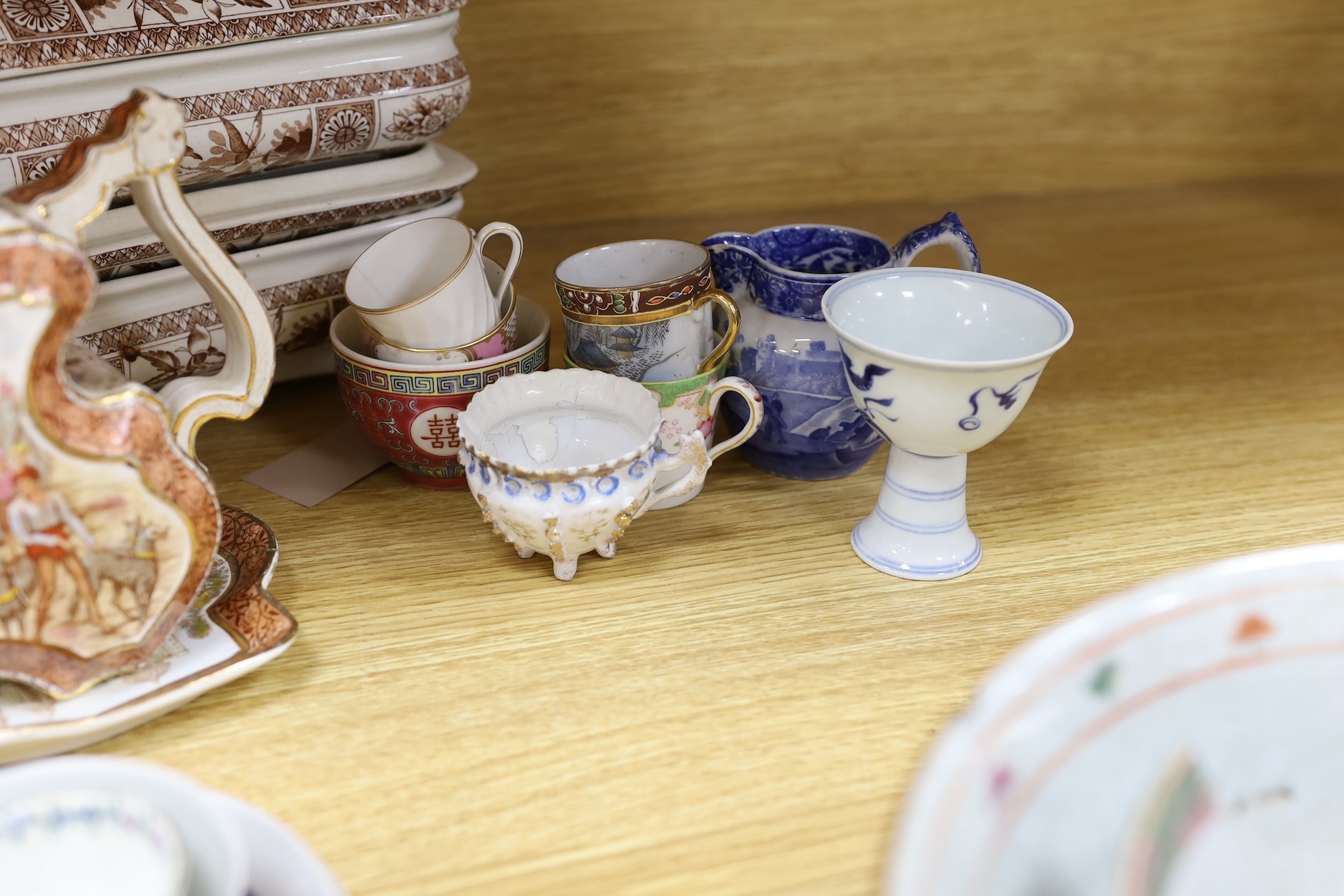 A group of Chinese porcelain, an enamel brush and two Victorian tureens and covers, a teapot etc